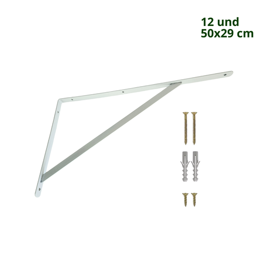 Kit com 12 Unidades — Suporte Mão Francesa Branca 50x29 cm — Com Bucha e Parafusos